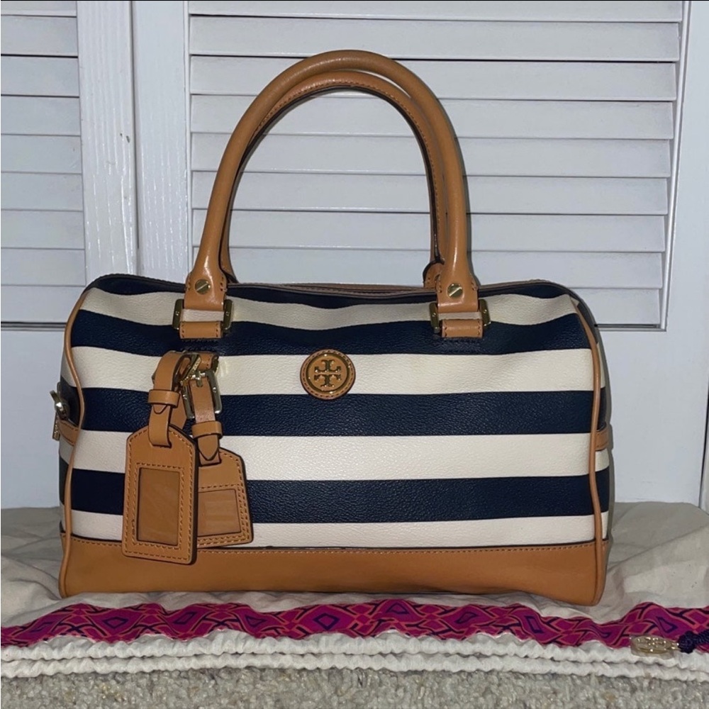 Tory Burch Navy and White Striped Satchel with Tan Trim - Picture 12 of 13